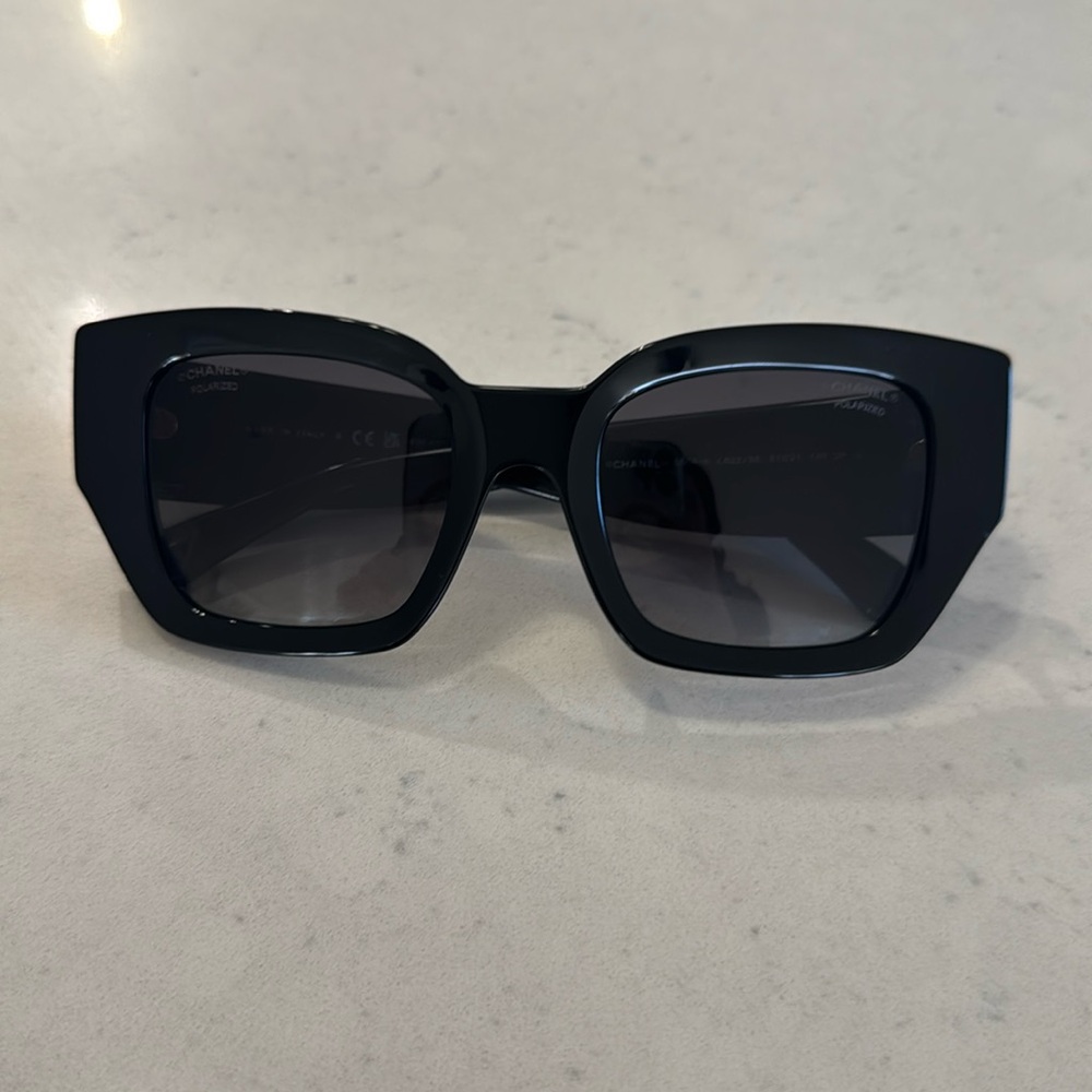 Black Chanel square sunglasses with white CC and gold circle Polarized